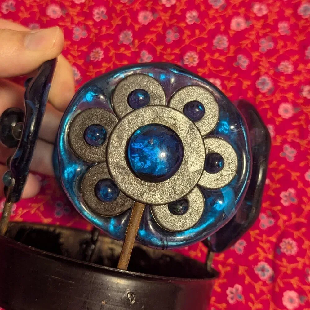 MCM Votive Candle Glass Metal Vintage Floral Holder‎ Hippie Groovy Boho Blue